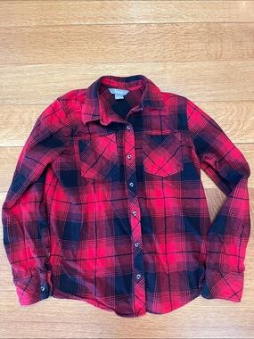 Natural reflections size, small red plaid flannel button up